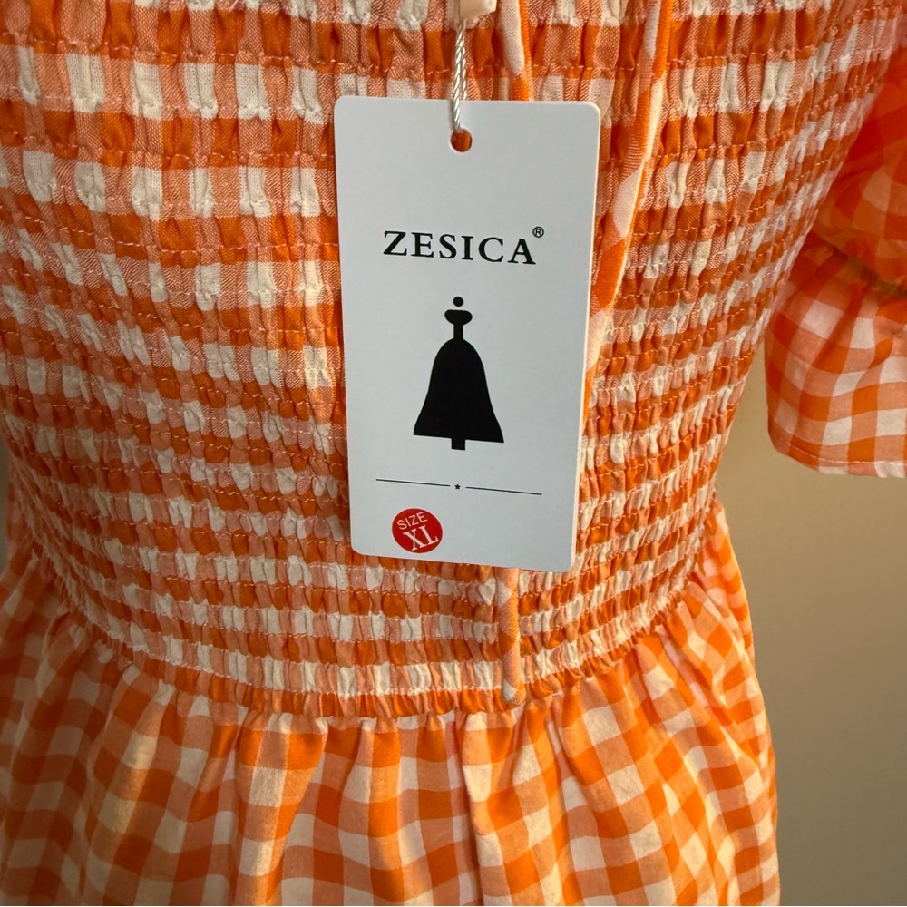 Zesica Orange Checkered Midi Dress with Puff Sleeves - Picture 8 of 15